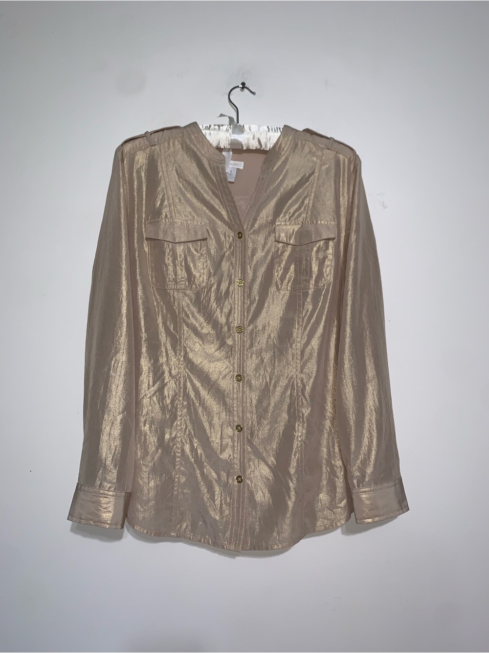 Chico’s Button-Down Utility Blouse designed with champagne gold  shimmer